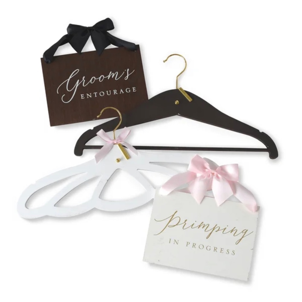 Bride & Groom 2 Hangers & 2 Signs Set Grooms Entourage & Primping In Progress
